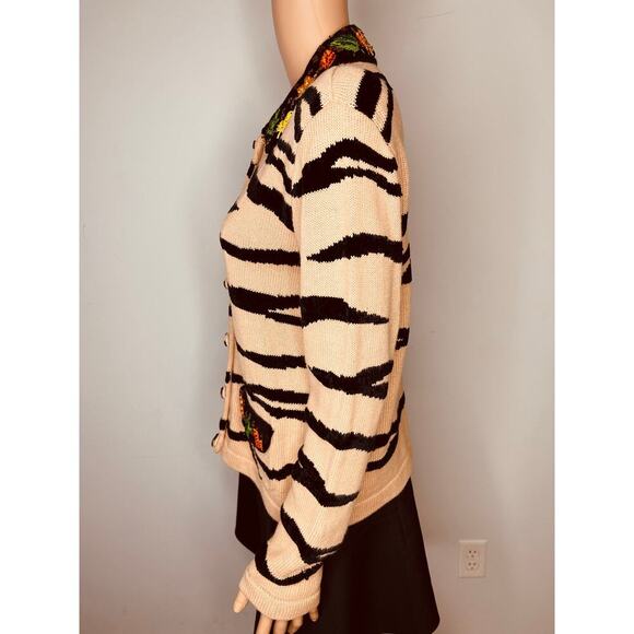 Berek Tiger Striped Embroidered Cardigan Knit Sweater size M Tan/Black Vintage - Picture 3 of 11